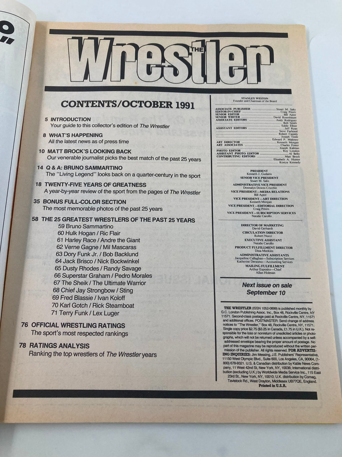 Contents page of The Wrestler Magazine October 1991 detailing articles on wrestling history, including exclusive features and rankings of notable wrestlers.