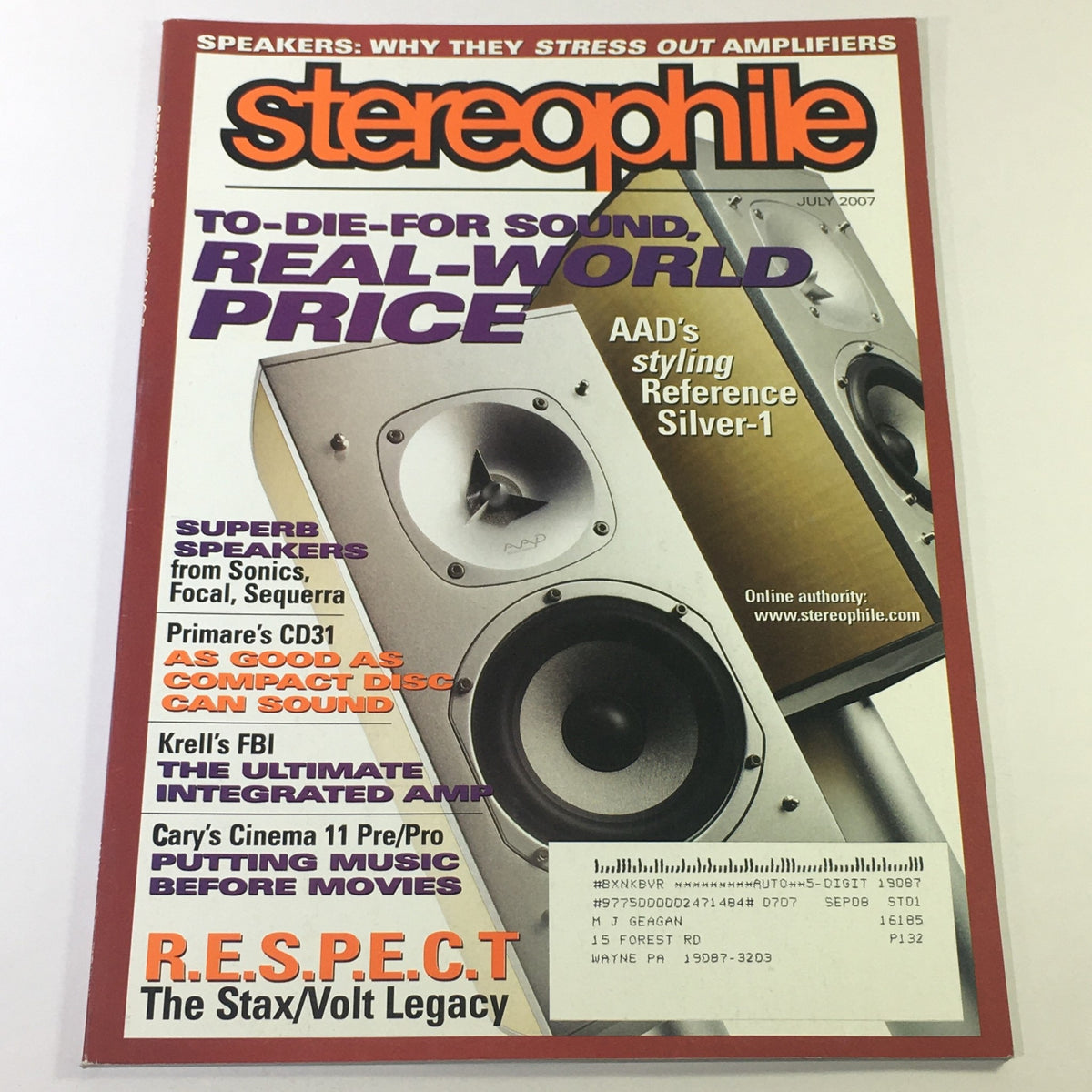 Cover of Stereophile Magazine July 2007 featuring the title R.E.S.P.E.C.T. The Stax and Volt Legacy, showcasing high-fidelity audio equipment and vintage magazine design.