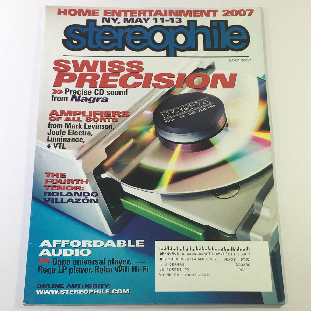 Stereophile Magazine May 2007 featuring Rolando Villazon, the 4th Tenor, with highlights on high-performance audio equipment including Mark Levinson AMP, showcasing vintage magazine cover design.