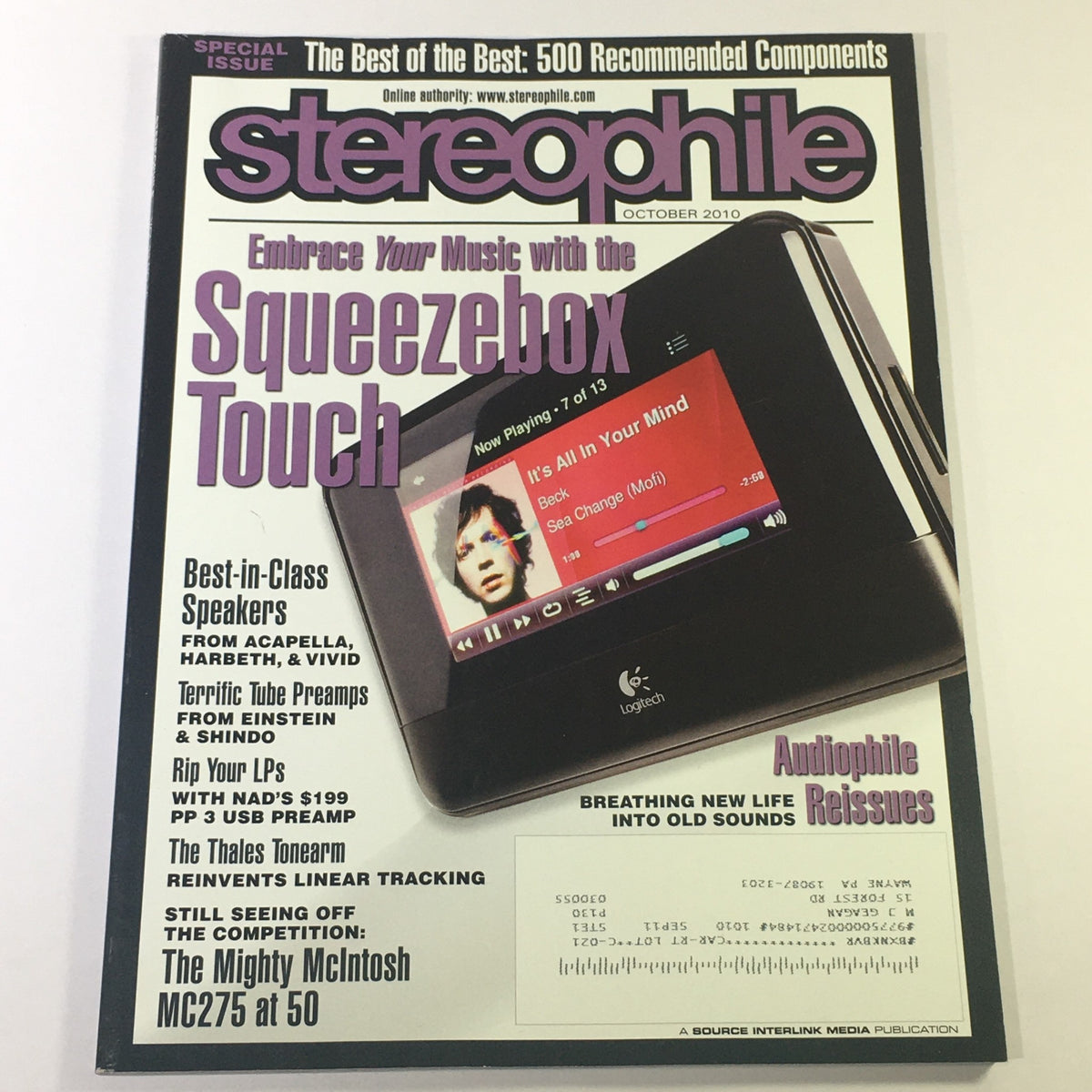Cover of Stereophile Magazine October 2010 featuring an article on the Squeezebox Touch, highlighting best-in-class speakers including Harbeth and Vivid, along with details of the Mighty McIntosh MC275, ideal for audiophiles and music enthusiasts.