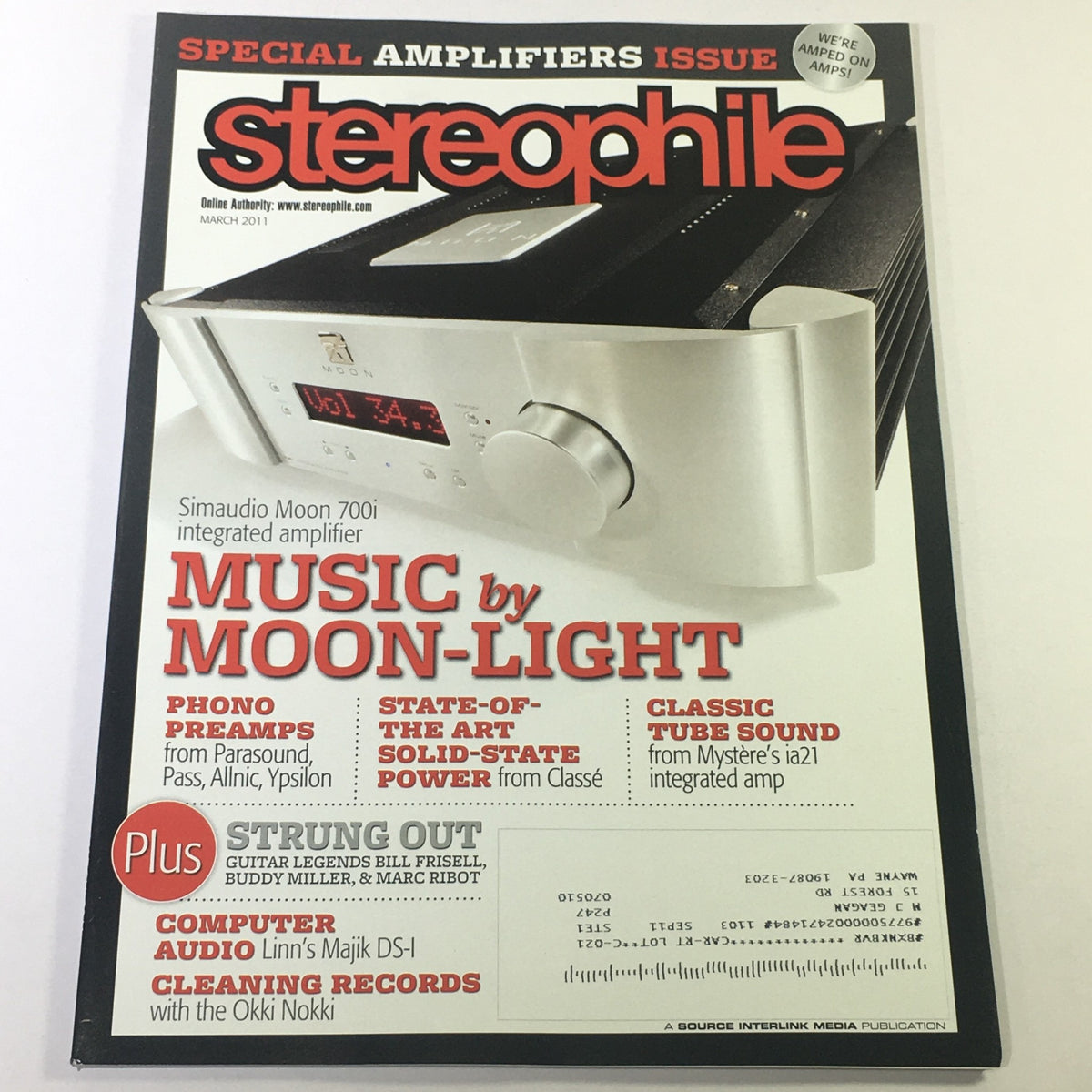 Cover of Stereophile Magazine March 2011 featuring the Simaudio Moon 700i amplifier, highlighting audio insights and record cleaning with Okki Nokki.