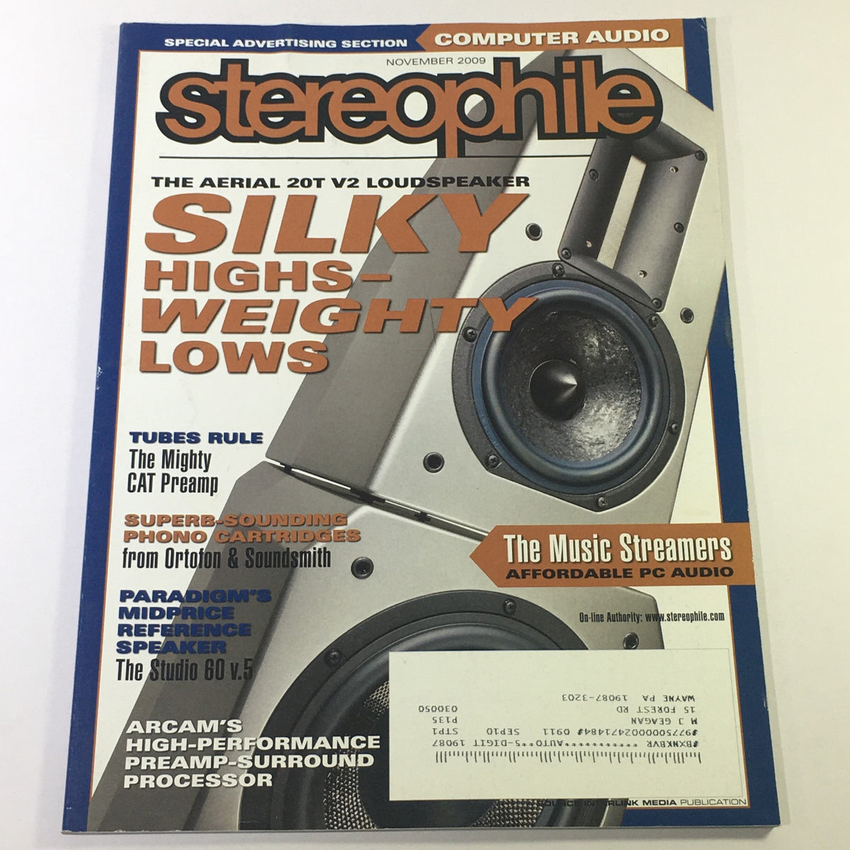 Stereophile Magazine November 2009 cover featuring the Mighty CAT Preamp and Studio 60 v.5 Speakers, showcasing highlights like the Aerial 20T V2 Loudspeaker and reviews on computer audio technology.