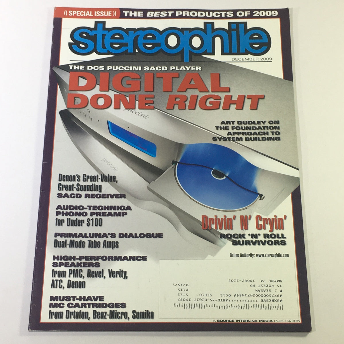 Stereophile Magazine December 2009 cover featuring highlights on Denon SACD receiver, Primaluna tube amplifiers, and the DCS Puccini SACD player, showcasing the best audio products of the year.