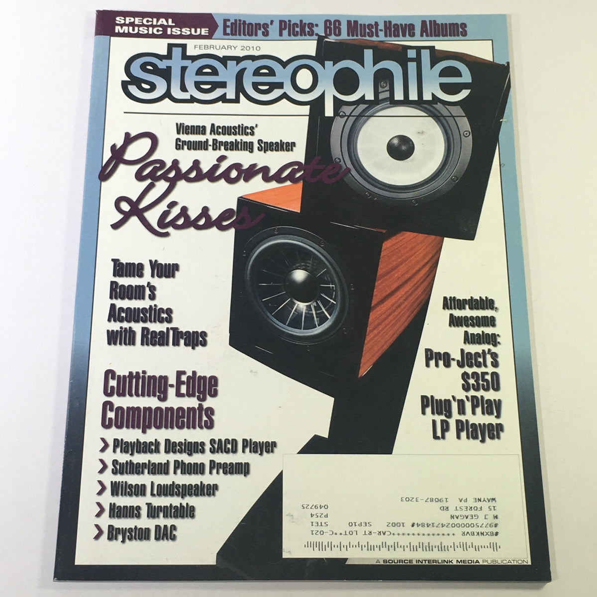 Stereophile Magazine February 2010 featuring an article on the Vienna Acoustic Speaker and ProJect LP Player with a striking cover design highlighting key audio topics.
