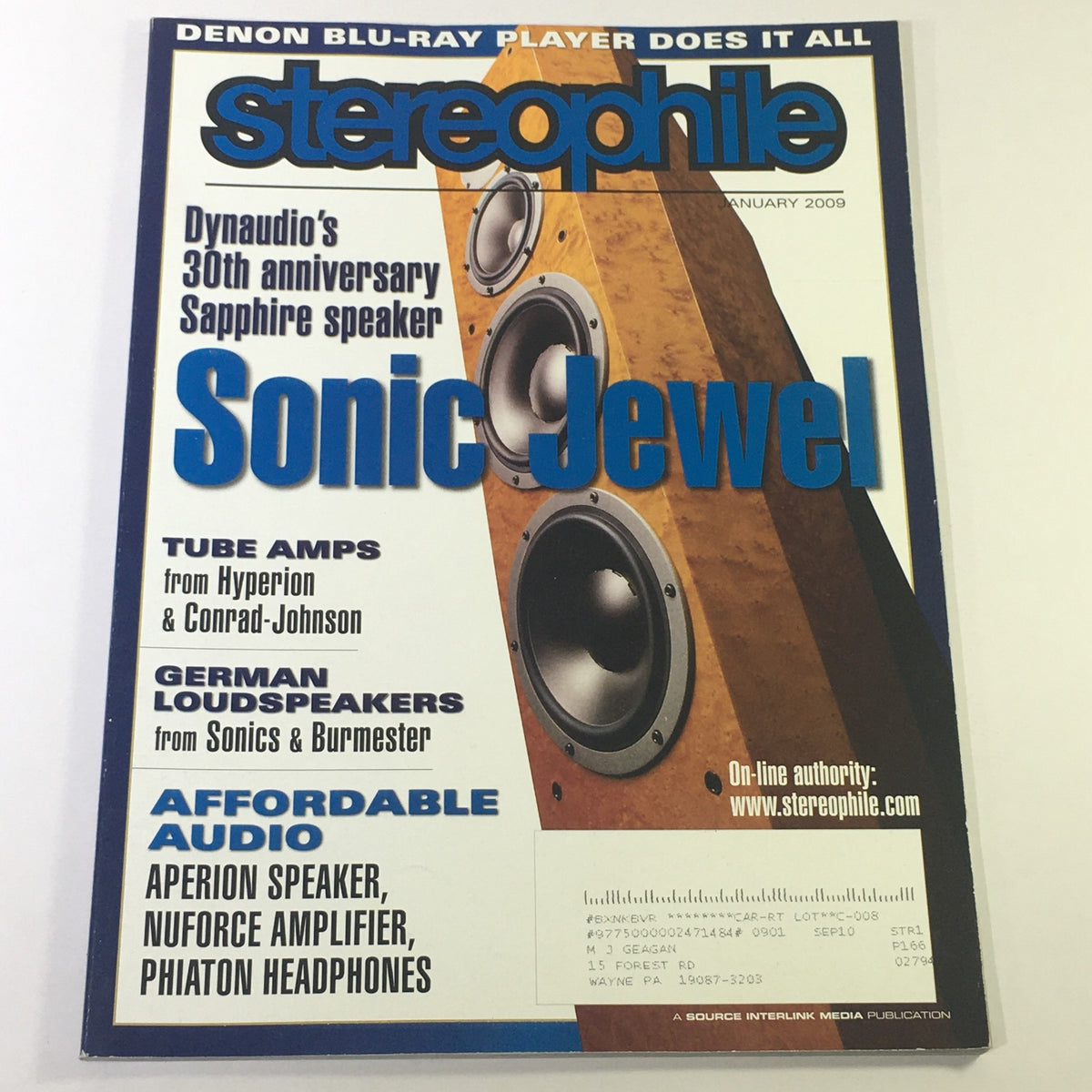 Cover of Stereophile Magazine January 2009 featuring an article about the Dynaudio Sonic Jewel Sapphire Speakers, highlighted with tube amps and audio technologies.