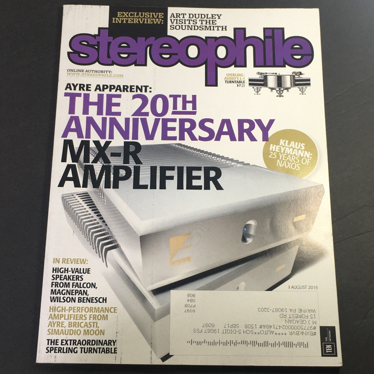 Stereophile Magazine August 2015 cover featuring Ayre MX-R Amplifier and a tribute to Klaus Heymann's 25 years of Naxos.