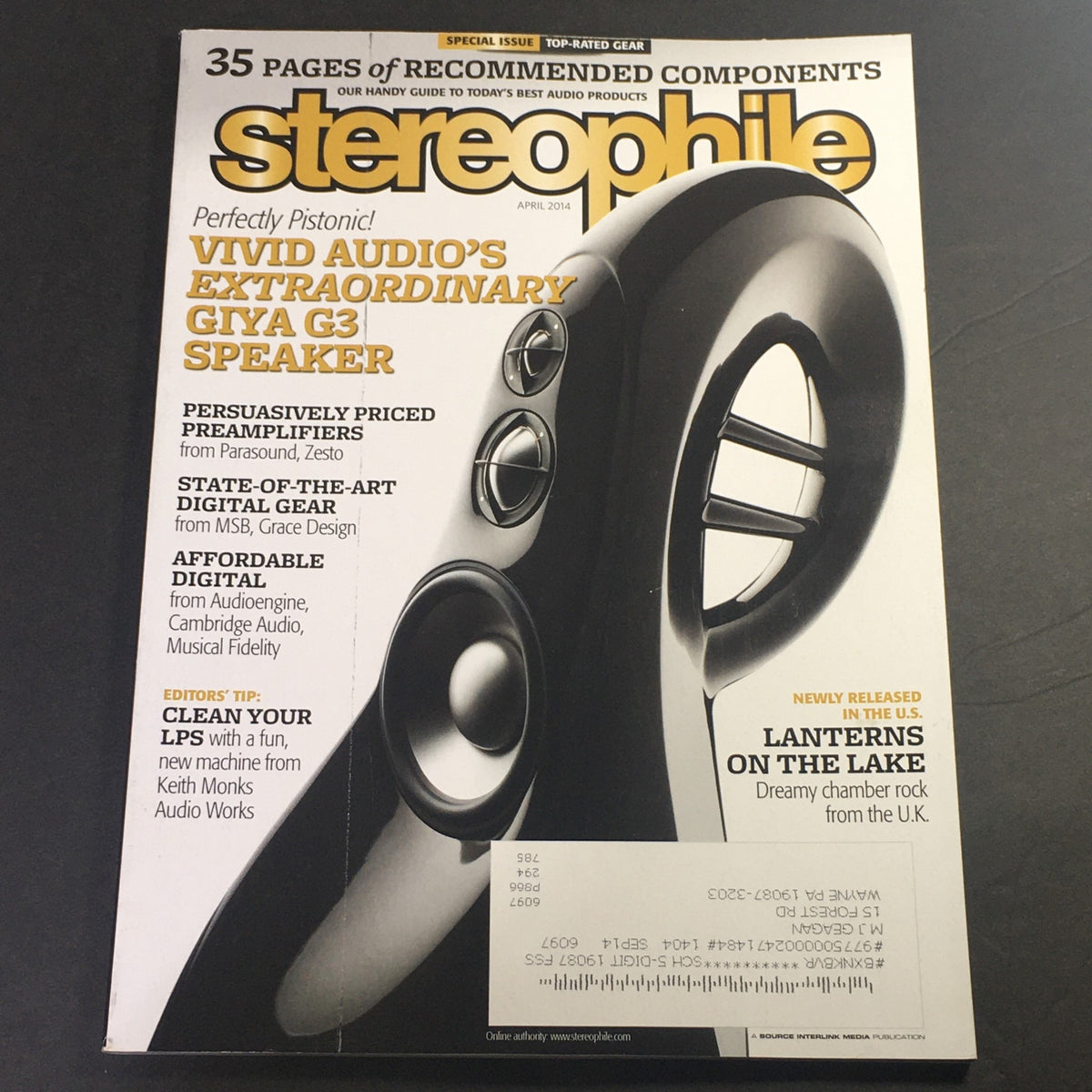 Cover of Stereophile Magazine April 2014 featuring the Giya G3 Speaker, highlights on Parasound and Zesto Pre AMP, and mentions of audio innovations and recommended components.