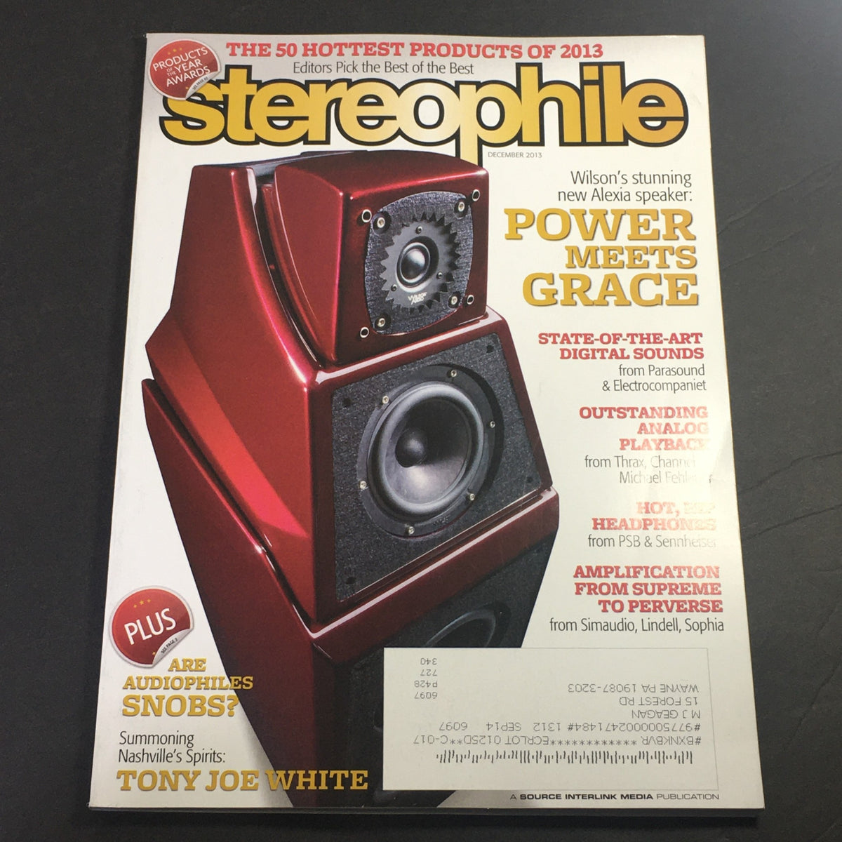 Cover of Stereophile Magazine December 2013 featuring a prominent audio speaker design, with highlights on Tony Joe White, Simaudio and Lindell amplifiers, illustrating the intersection of music and high-fidelity technology.