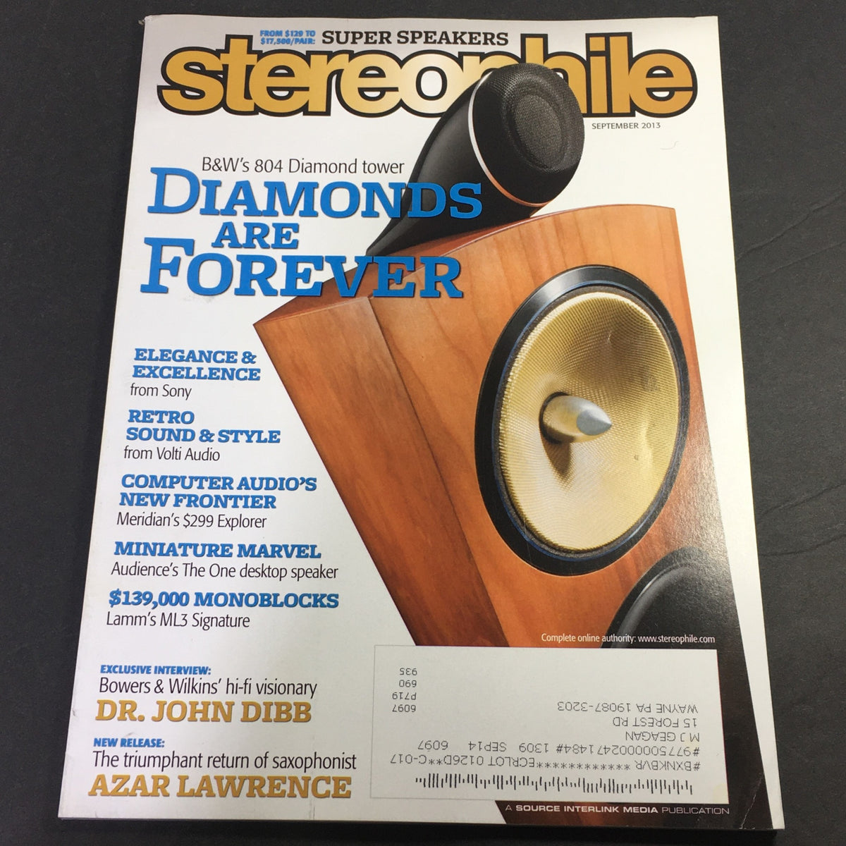 Cover of Stereophile Magazine September 2013 featuring B&W's 804 Diamond Tower Speakers, highlighting audio technology and design.