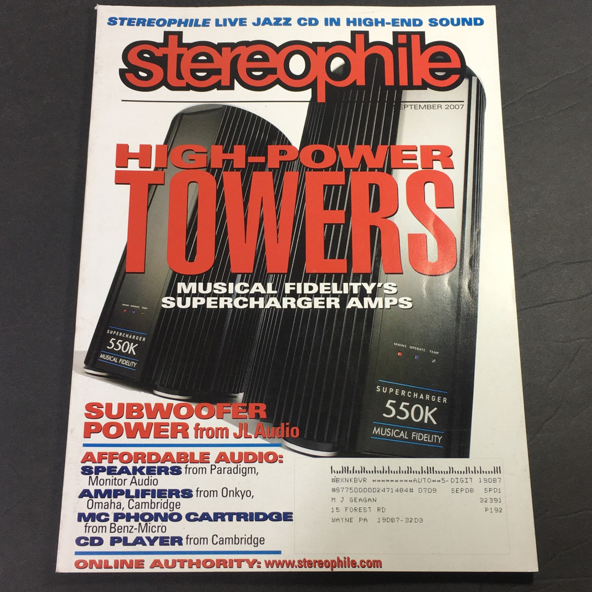 Cover of Stereophile Magazine September 2007 featuring an article on the Super Charger 550K by Music Fidelity, highlighting high-power audio technology and related audio equipment reviews.