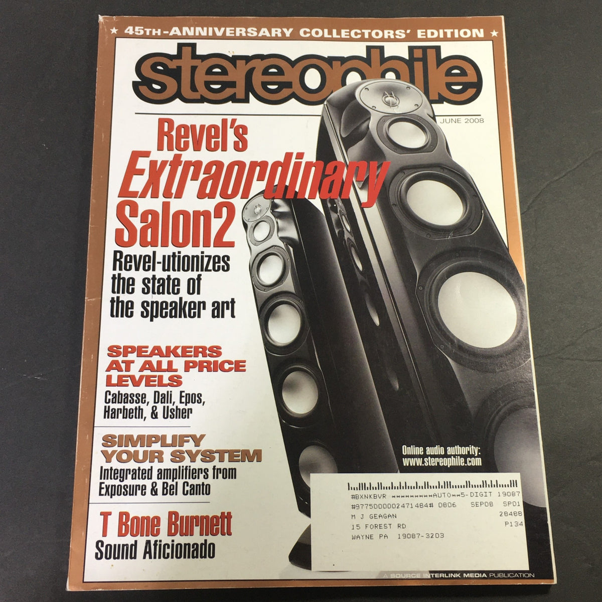 Stereophile Magazine June 2008 featuring T Bone Burnett, Sound Aficionado and Dali Speaker technology, showcasing a vintage collectible cover with speaker art.