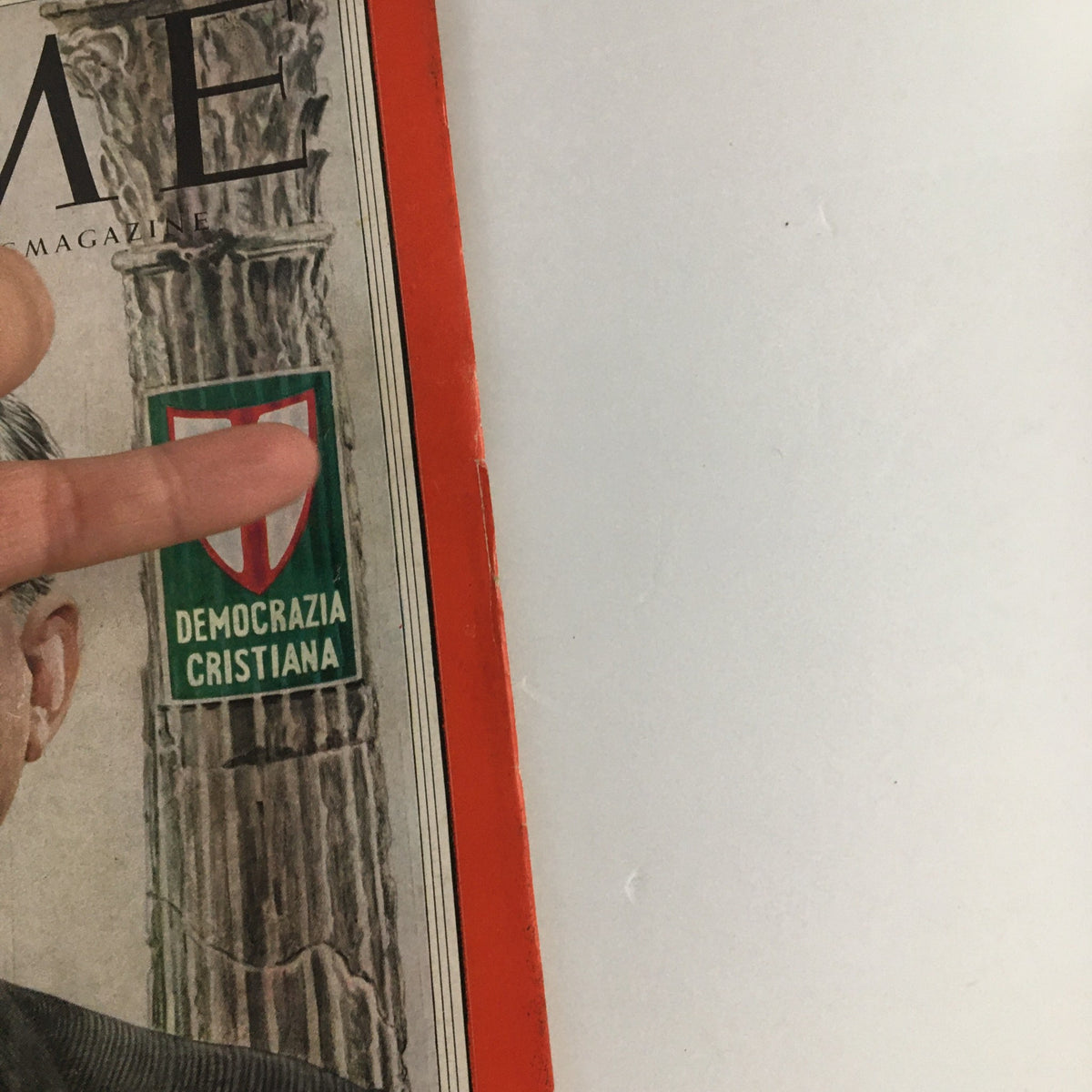 Close-up view of the Time Magazine May 25, 1953 cover showcasing the detail of Alcide De Gasperi’s profile along with the associated political symbols 'DEMOCRAZIA CRISTIANA' and 'LIBERTAS' prominently displayed.