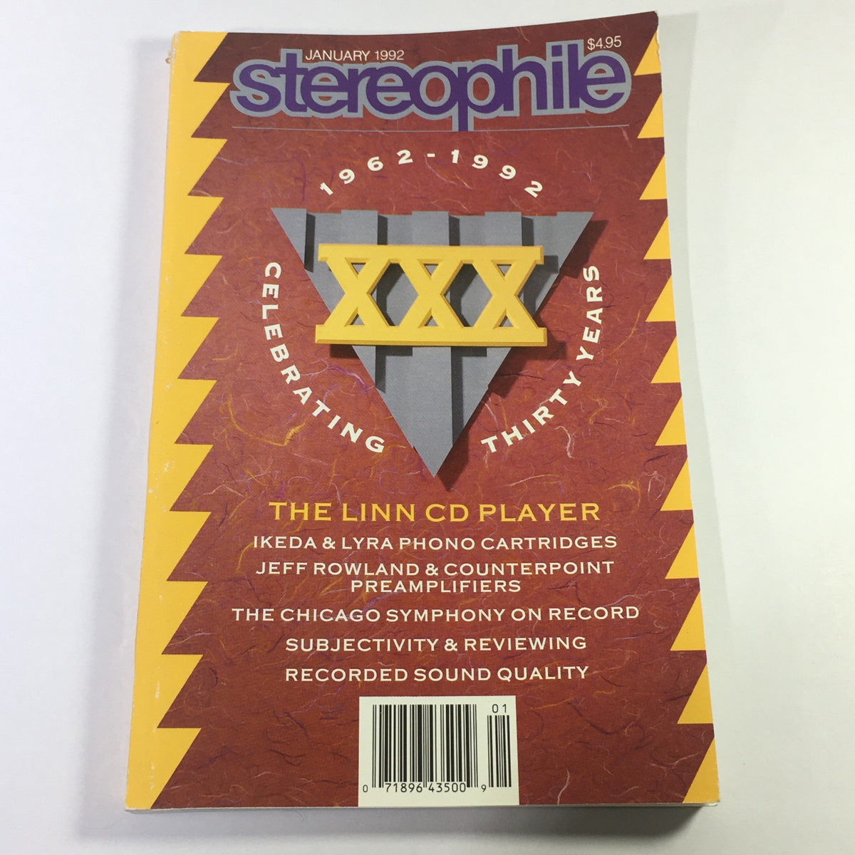 Cover of Stereophile Magazine January 1992 celebrating thirty years, featuring articles on the Linn CD Player, Jeff Rowland preamplifiers, along with phono cartridges and sound quality reviews.