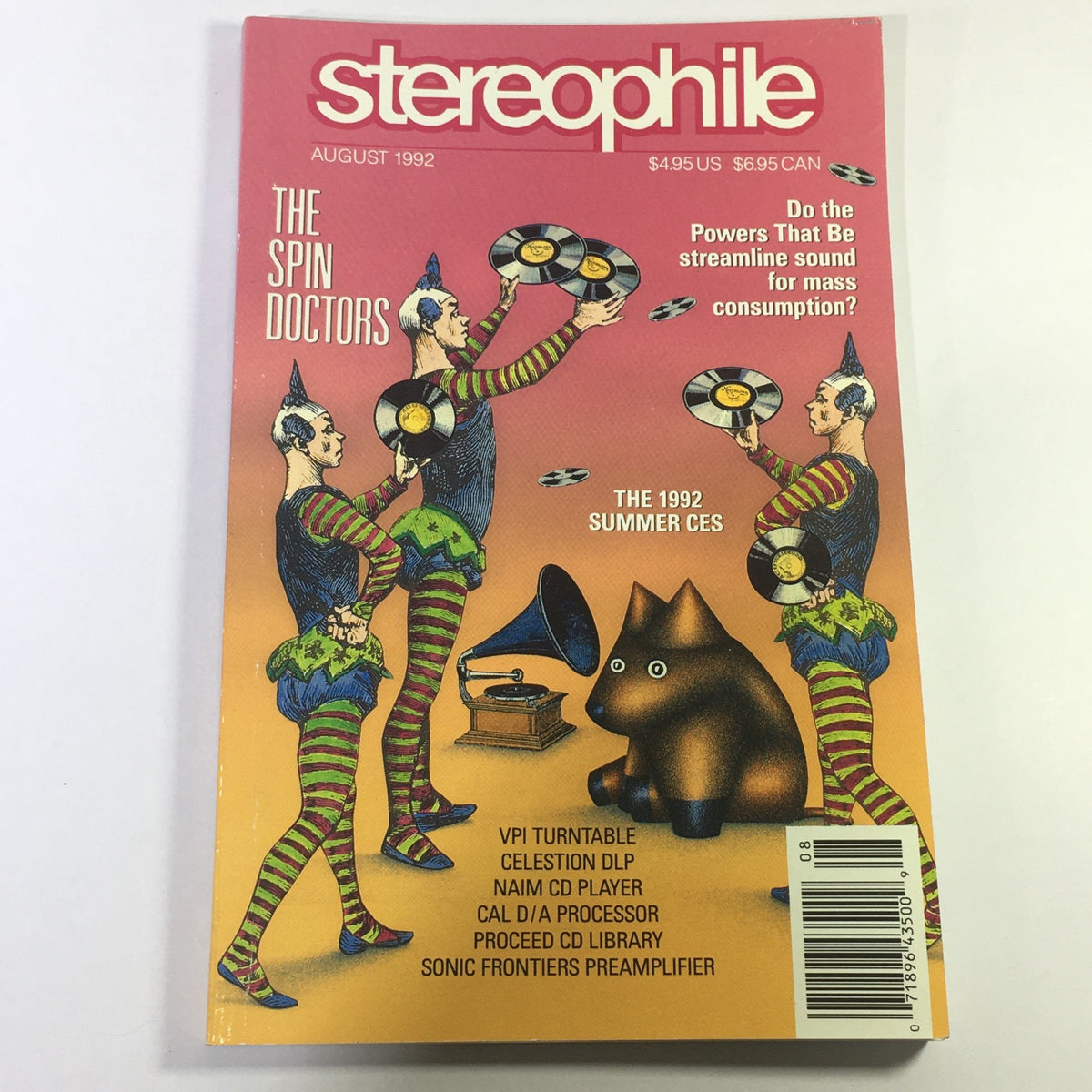 Cover of Stereophile Magazine August 1992 featuring illustrations of figures in colorful costumes, representing audio themes. The magazine includes features on the VPI Turntable, Celestion DLP, and Sonic Pre AMP, capturing audiophile culture from the early 90s.