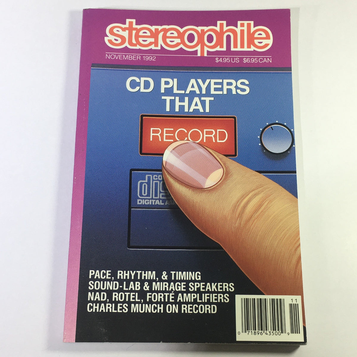 Cover of Stereophile Magazine, November 1992 issue, featuring an image of a finger pressing a 'Record' button. The cover includes topics on CD players, Sound-Lab and Mirage speakers, and conductor Charles Munch.