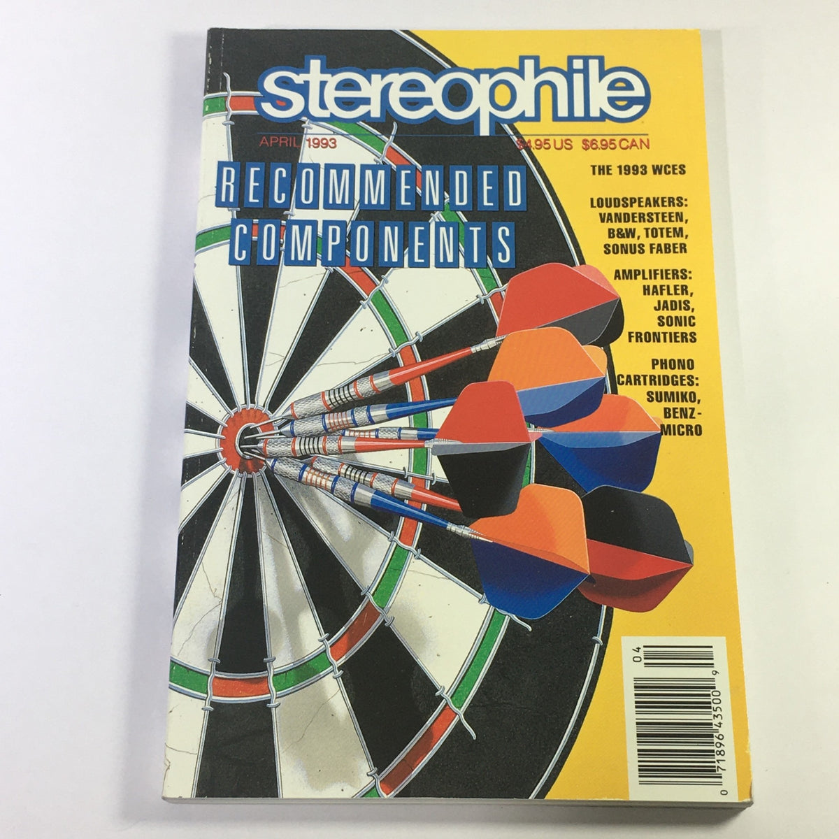 Cover of Stereophile Magazine April 1993 featuring a dartboard design with colorful darts, highlighting recommended components including Vandersteen Loudspeakers and Sonic Frontiers AMP.