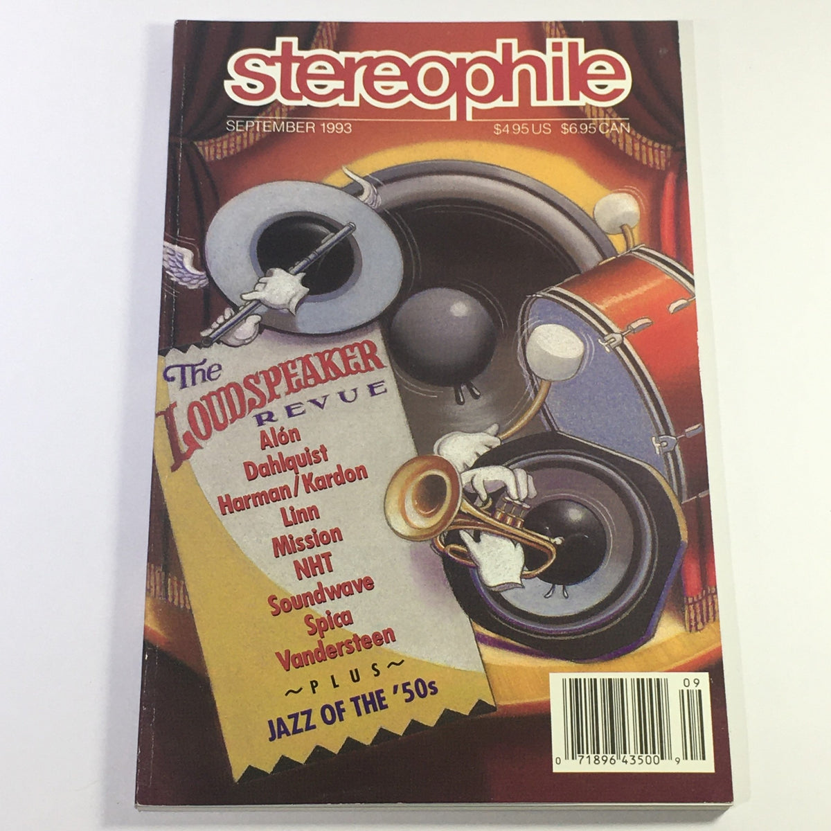 Cover of Stereophile Magazine September 1993 featuring articles on Alon, Dahlquist, and Harman/Kardon loudspeakers, showcasing vibrant illustrations and audio themes.