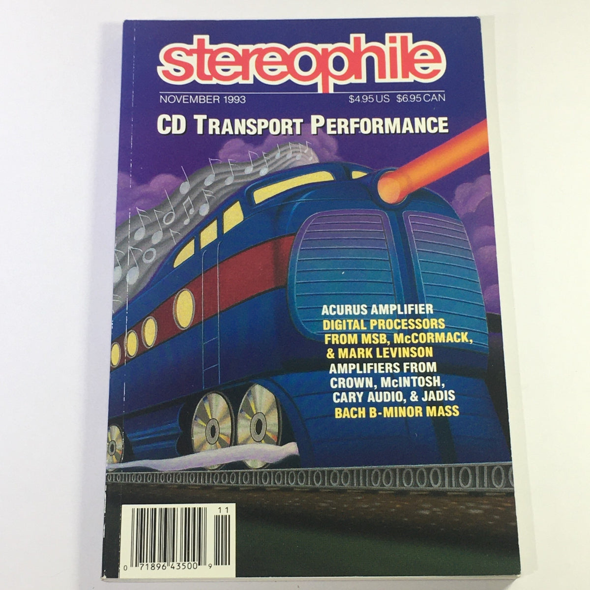 Cover of Stereophile Magazine November 1993 featuring a colorful illustration related to audio technology, highlighting Acurus AMP and McCormack Digital Processors with the title 'CD Transport Performance'.