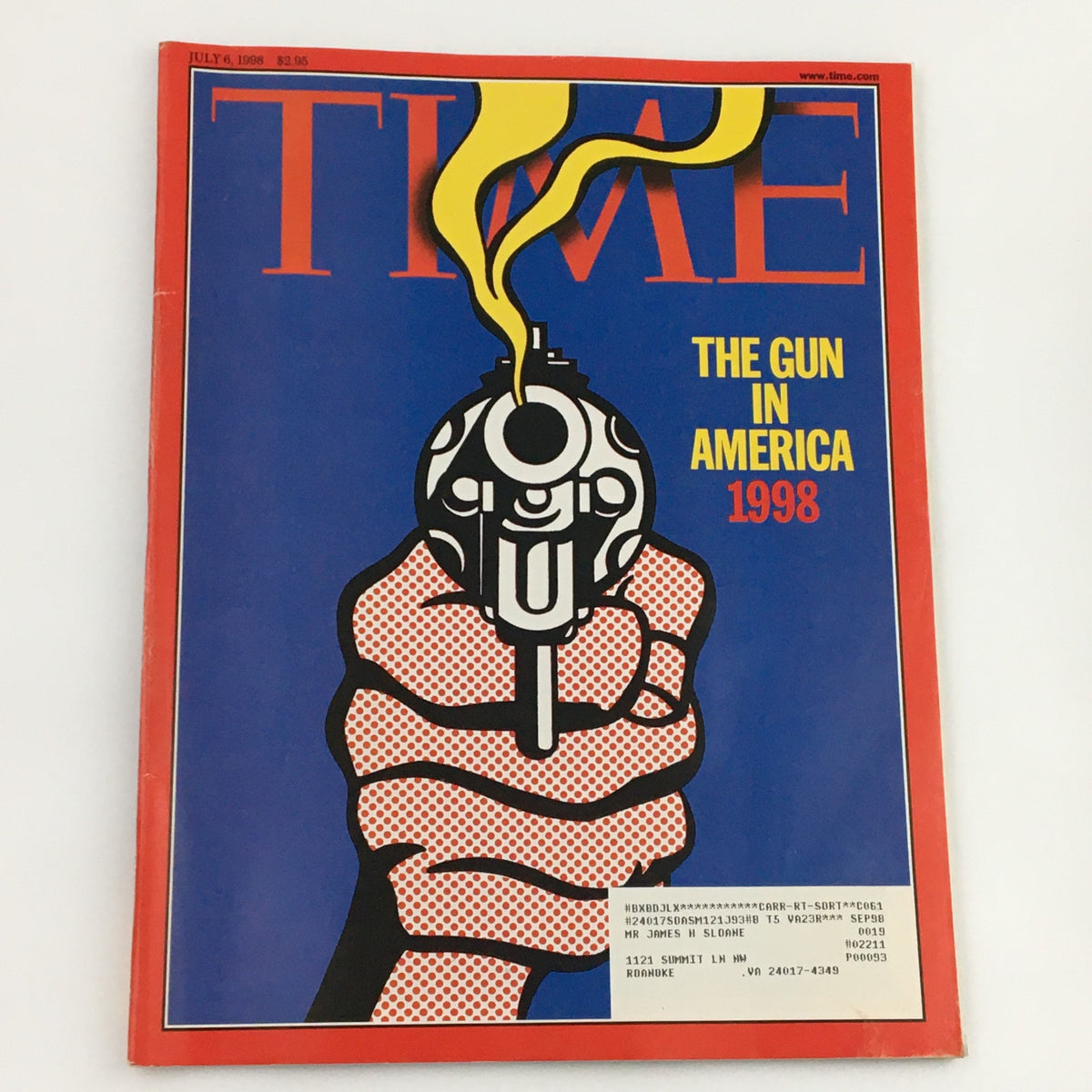 Time Magazine cover from July 6, 1998, featuring bold graphic art titled 'The Gun in America', highlighting themes of violence and social issues in the United States.