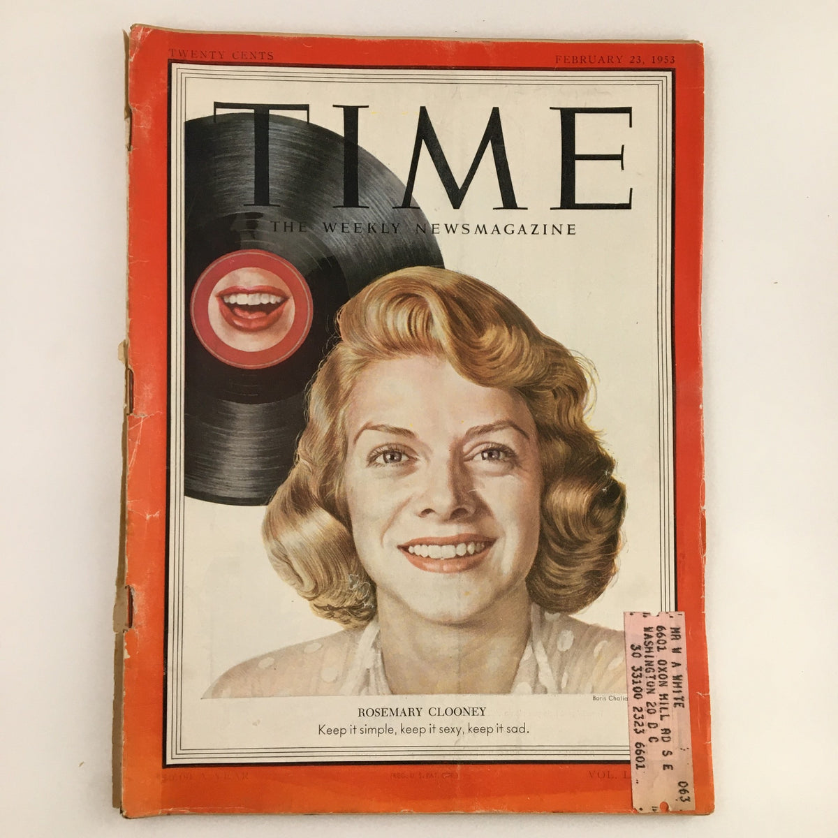 Cover of Time Magazine February 23, 1953, Vol. 61 No. 8 featuring singer Rosemary Clooney, showcasing a vibrant design with a vinyl record and a smiling portrait of Clooney.