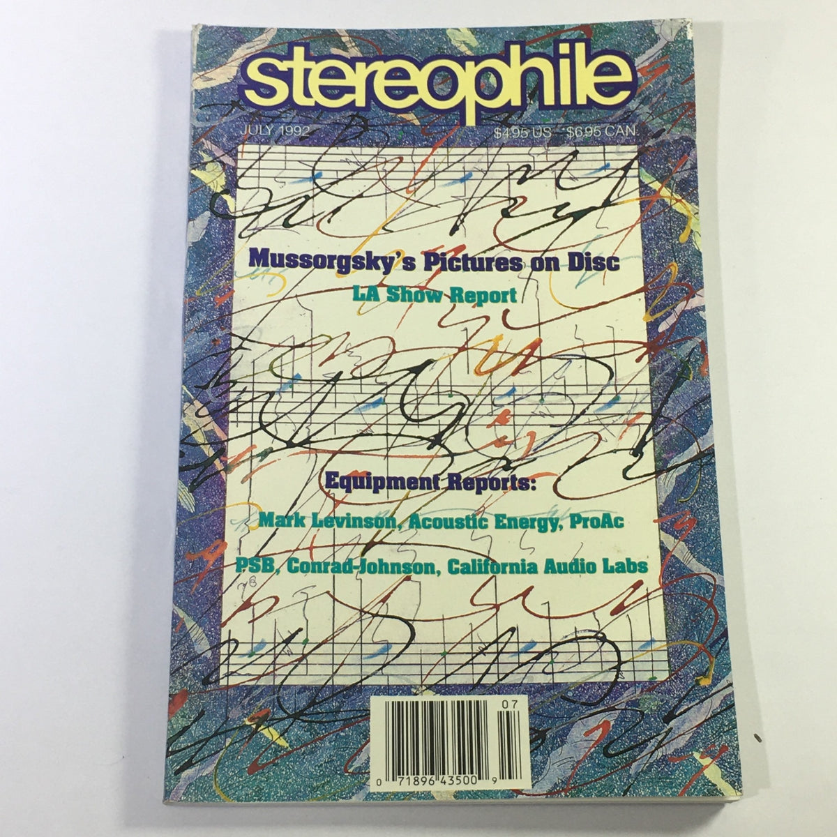 Cover of Stereophile Magazine from July 1992 featuring an article on Modest Mussorgsky's Pictures on Disc and a report from the LA Show, showcasing vibrant graphics and classical music themes.