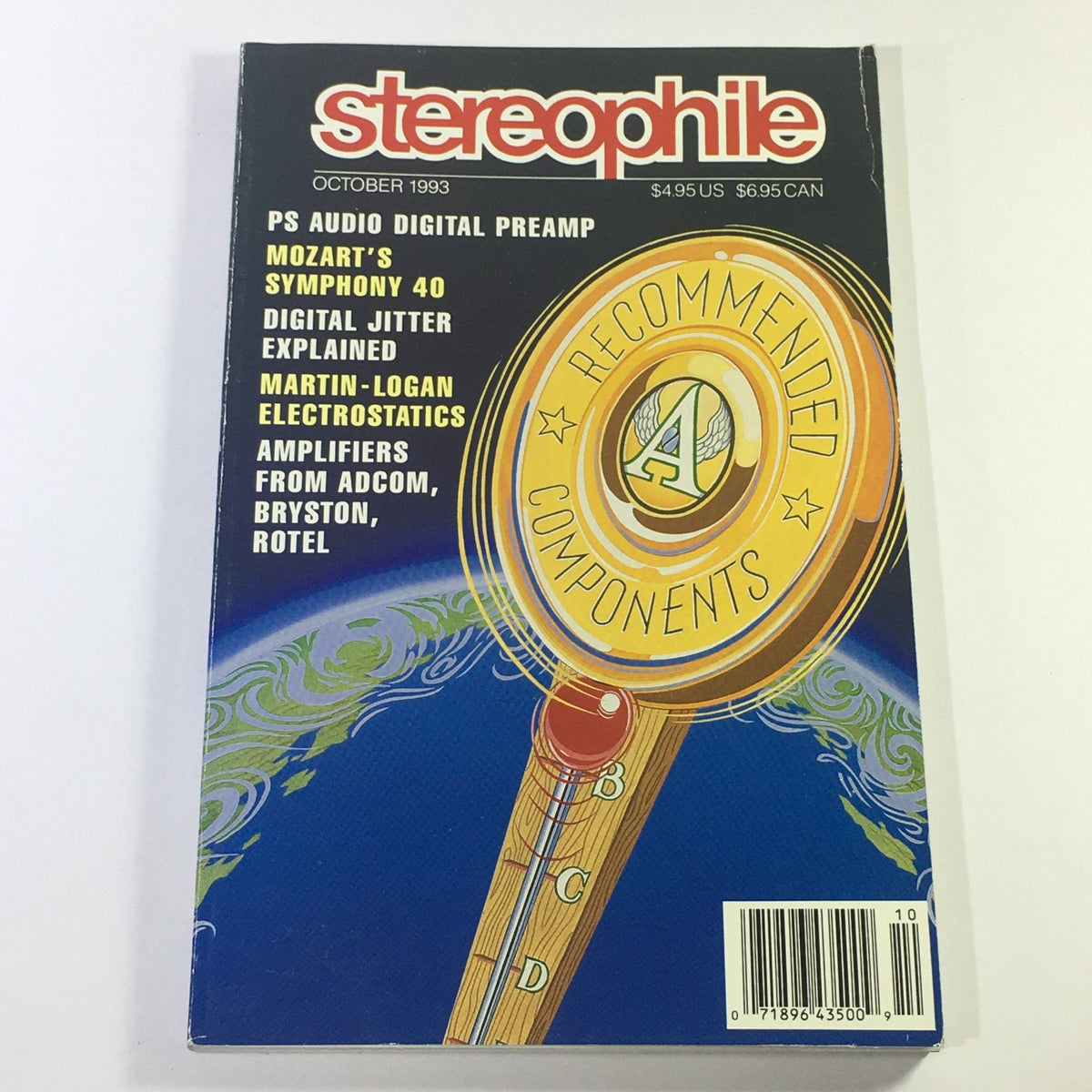 Cover of Stereophile Magazine October 1993 featuring articles on Mozart's Symphony 40 and Adcom Amplifiers, showcasing recommended audio components.