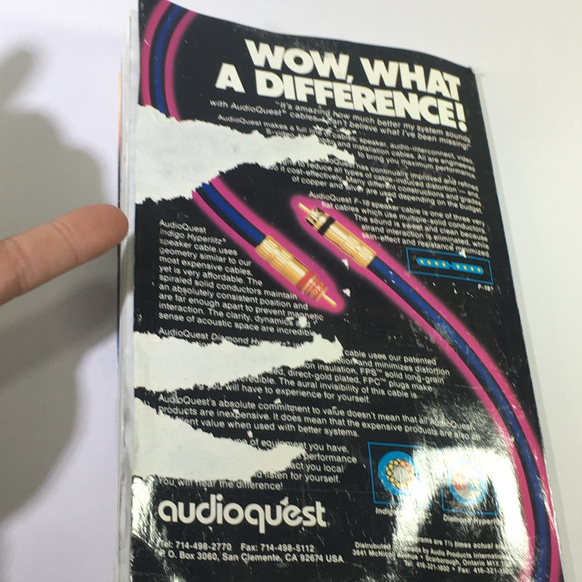 Back cover of Stereophile Magazine November 1991 featuring an advertisement for AudioQuest cables with text highlighting their audio performance benefits.