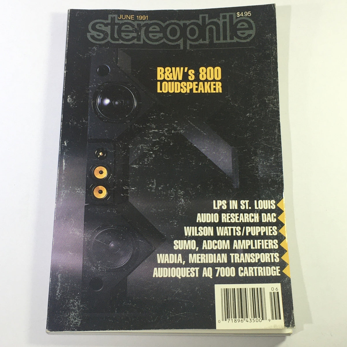 Cover of Stereophile Magazine June 1991 featuring the B&W's 800 Loudspeaker and insights about Sumo and ADCOM Amplifiers. The magazine showcases audio technology advancements in vintage audiophile culture, priced at $4.95.