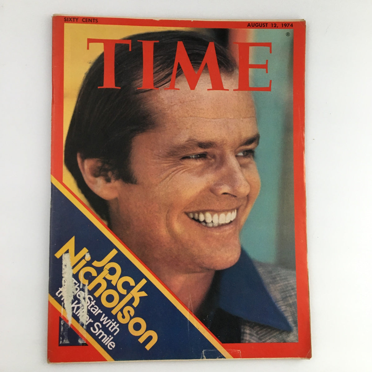 Time Magazine August 12 1974 Vol. 104 No. 7 featuring Jack Nicholson smiling on the cover, showcasing the vintage magazine's design and pop culture significance.