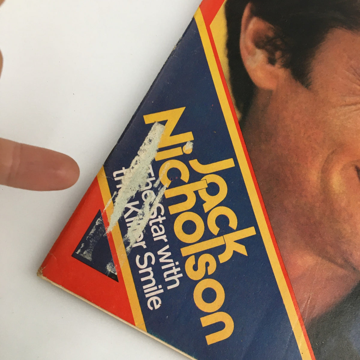 Close-up of the Time Magazine August 12 1974 cover, highlighting Jack Nicholson's name and the phrase 'Star with the Killer Smile' with minor wear visible, emphasizing its collectible nature.