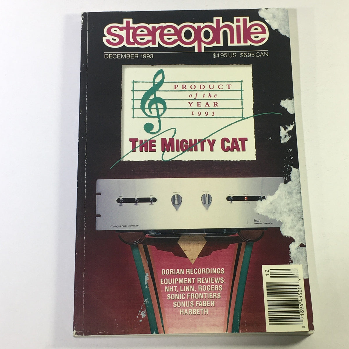 Stereophile Magazine December 1993 cover featuring the title 'The Mighty Cat' and highlights on Dorian Recordings, NHT, Linn, Rogers reviews. The magazine displays the label 'Product of the Year 1993' and includes details about audio equipment.