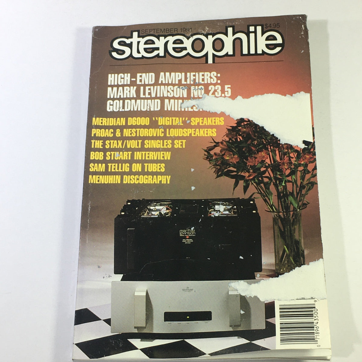 Cover of Stereophile Magazine September 1991 featuring the Mark Levinson No. 23.5 AMP, showcasing high-end audio amplifiers and articles including Bob Stuart's interview.