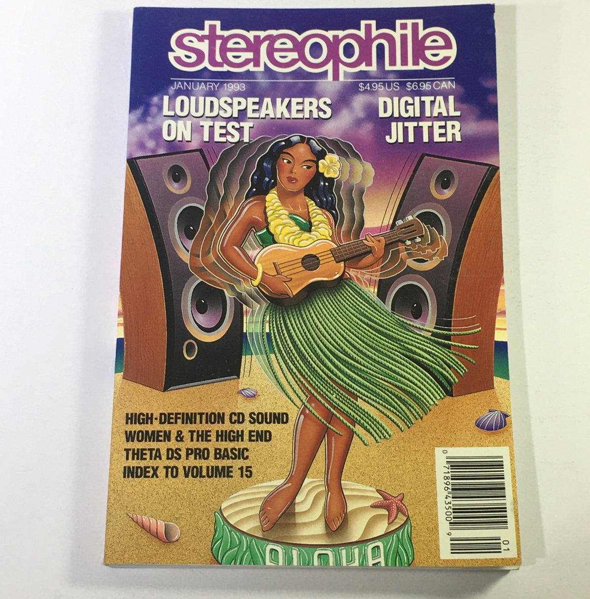 Stereophile Magazine January 1993 cover featuring a vibrant illustration of a woman with a ukulele surrounded by audio speakers, highlighting topics like digital jitter and loudspeakers on test.