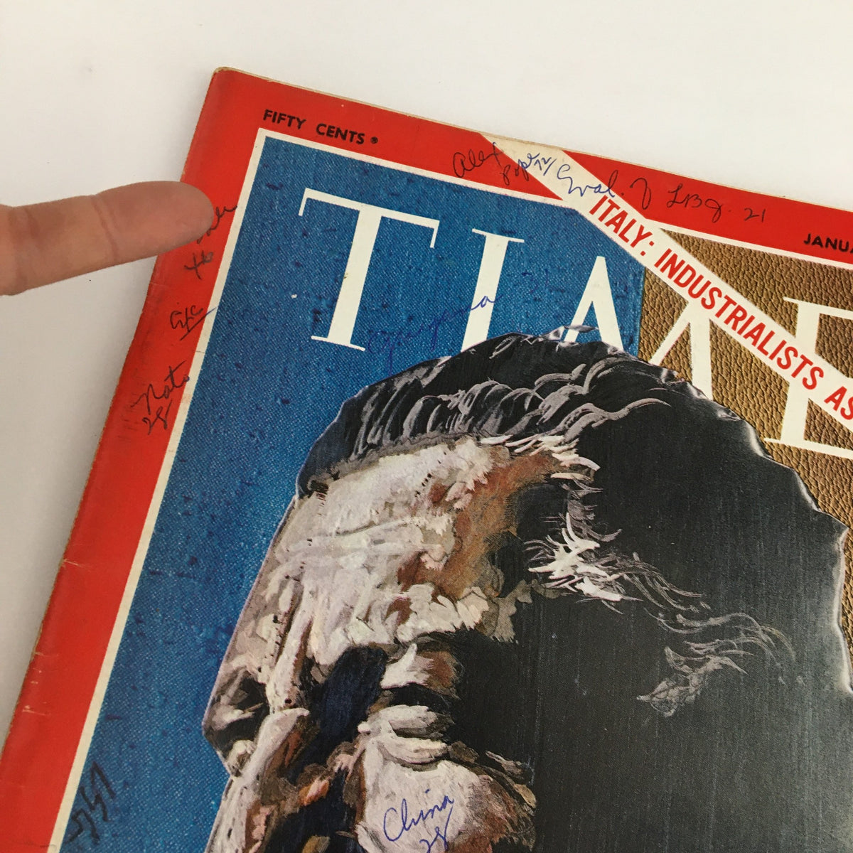 Close-up view of the Time Magazine cover from January 17, 1969, which features Fiat's Giovanni Agnelli. The image highlights the detailed artwork of Agnelli with handwritten notes near the title, emphasizing its collectible nature.