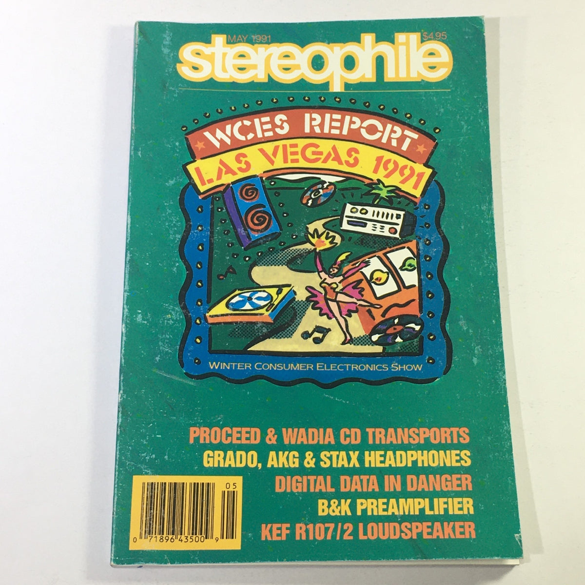Cover of Stereophile Magazine May 1991 featuring the title and highlights such as Proceed & Wadia CD Transports, B&K Pre-Amplifier, and Grado headphones. This vintage magazine showcases significant audio technology from the early '90s.