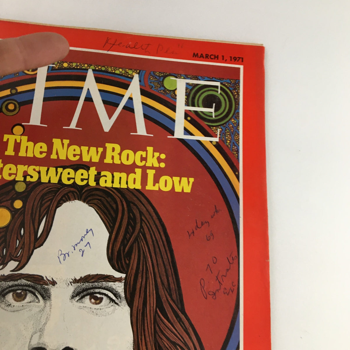 Cover of Time Magazine March 1 1971 Vol. 97 No. 9 featuring James Taylor with the headline 'The New Rock: Bittersweet and Low', showing handwritten notes and a finger pointing at the cover.