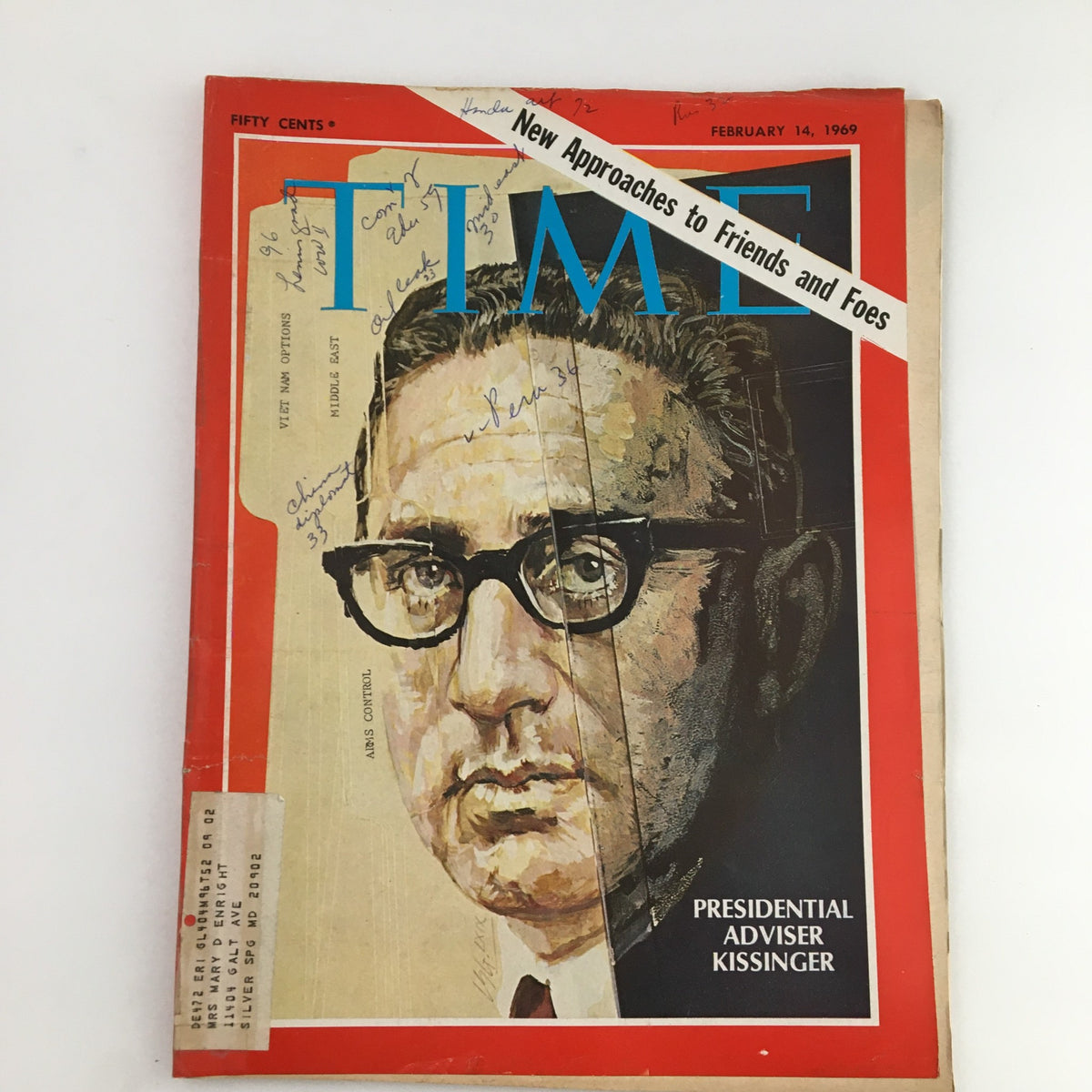 Cover of Time Magazine dated February 14, 1969, featuring Presidential Adviser Henry Kissinger, detailing the political climate of the late 1960s with handwritten annotations.
