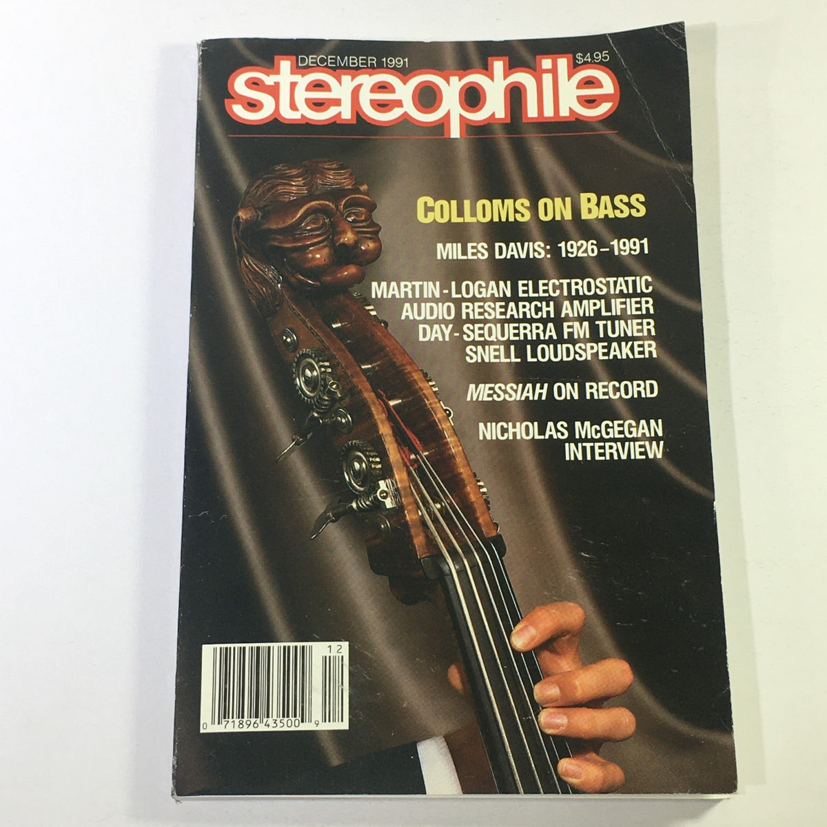 Cover of Stereophile Magazine from December 1991 featuring an article on bass performance by Martin Colloms and a tribute to jazz legend Miles Davis, alongside additional topics such as audio equipment and an interview with Nicholas McGegan.