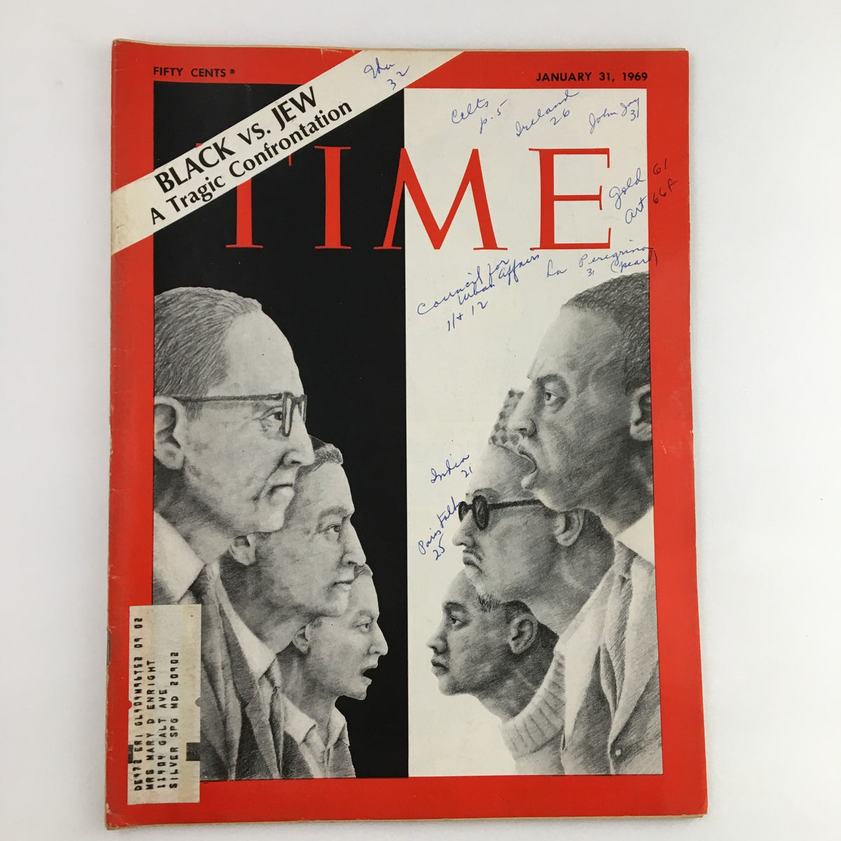 Cover of Time Magazine January 31 1969 showcasing the title 'Black vs Jew: A Tragic Confrontation' with illustrations of diverse faces. This edition, Vol. 93 No. 5, highlights critical social issues and is a valuable piece for collectors and history enthusiasts.