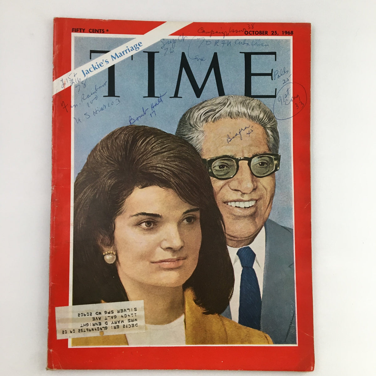Time Magazine cover from October 25, 1968, featuring Jacqueline Kennedy's Marriage, showcasing her portrait alongside a figure with glasses.