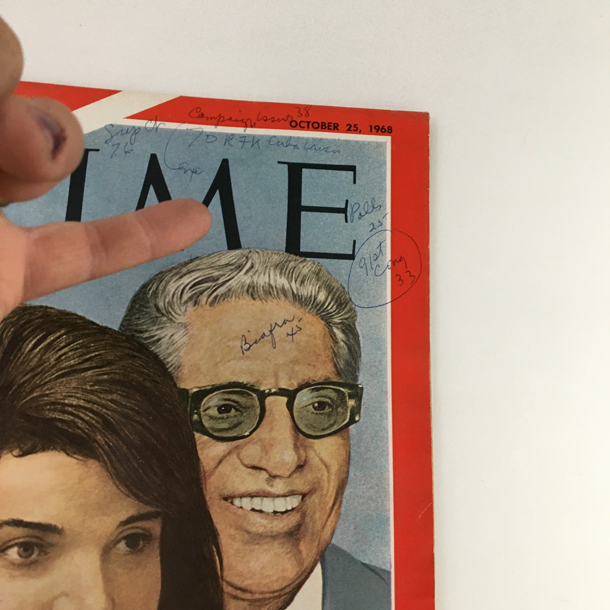 Detailed view of the Time Magazine cover from October 25, 1968, highlighting Jacqueline Kennedy's Marriage and featuring inscriptions above the cover image.