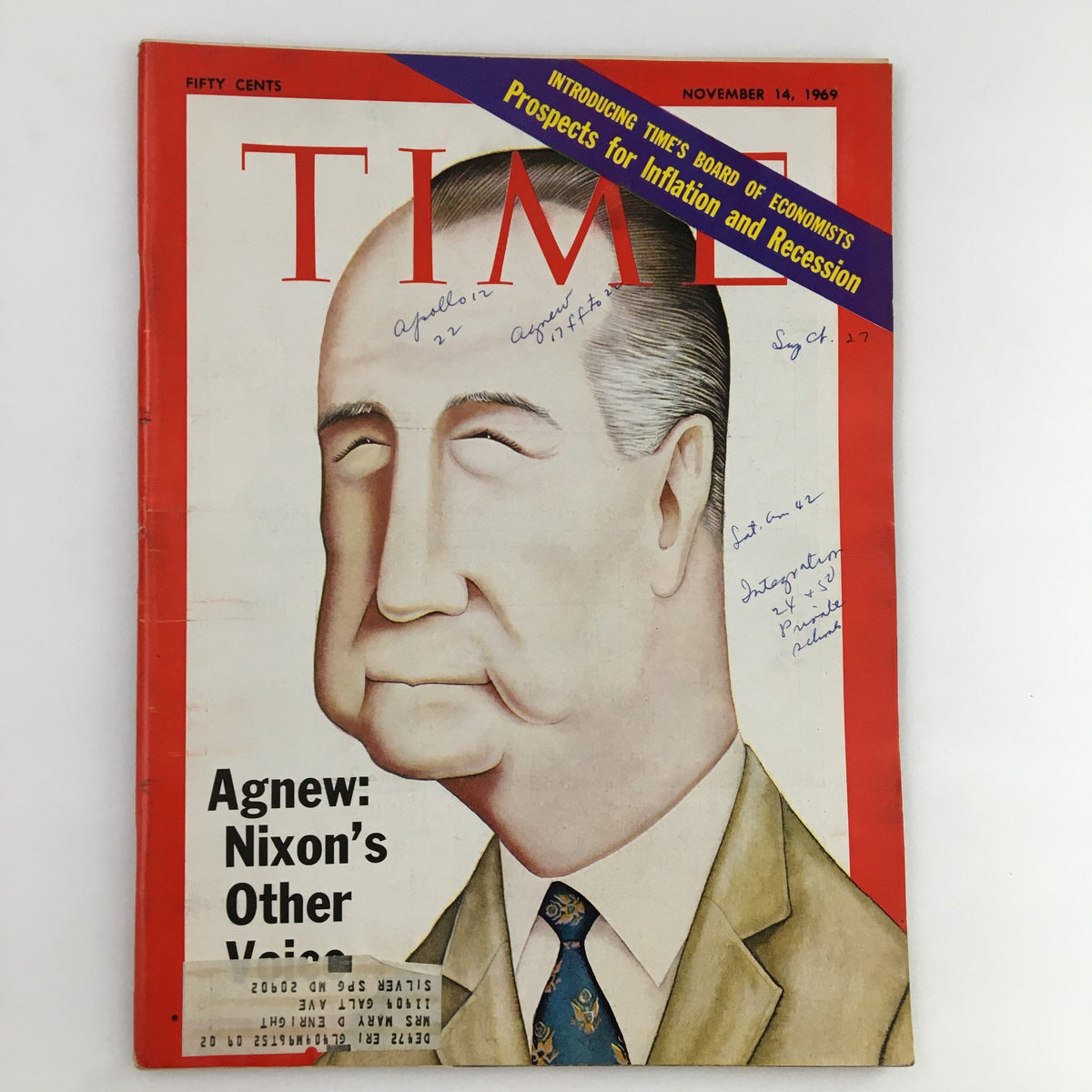 Cover of Time Magazine, November 14, 1969, featuring Spiro Agnew with the title 'Agnew: Nixon's Other Voice' and handwritten notes.