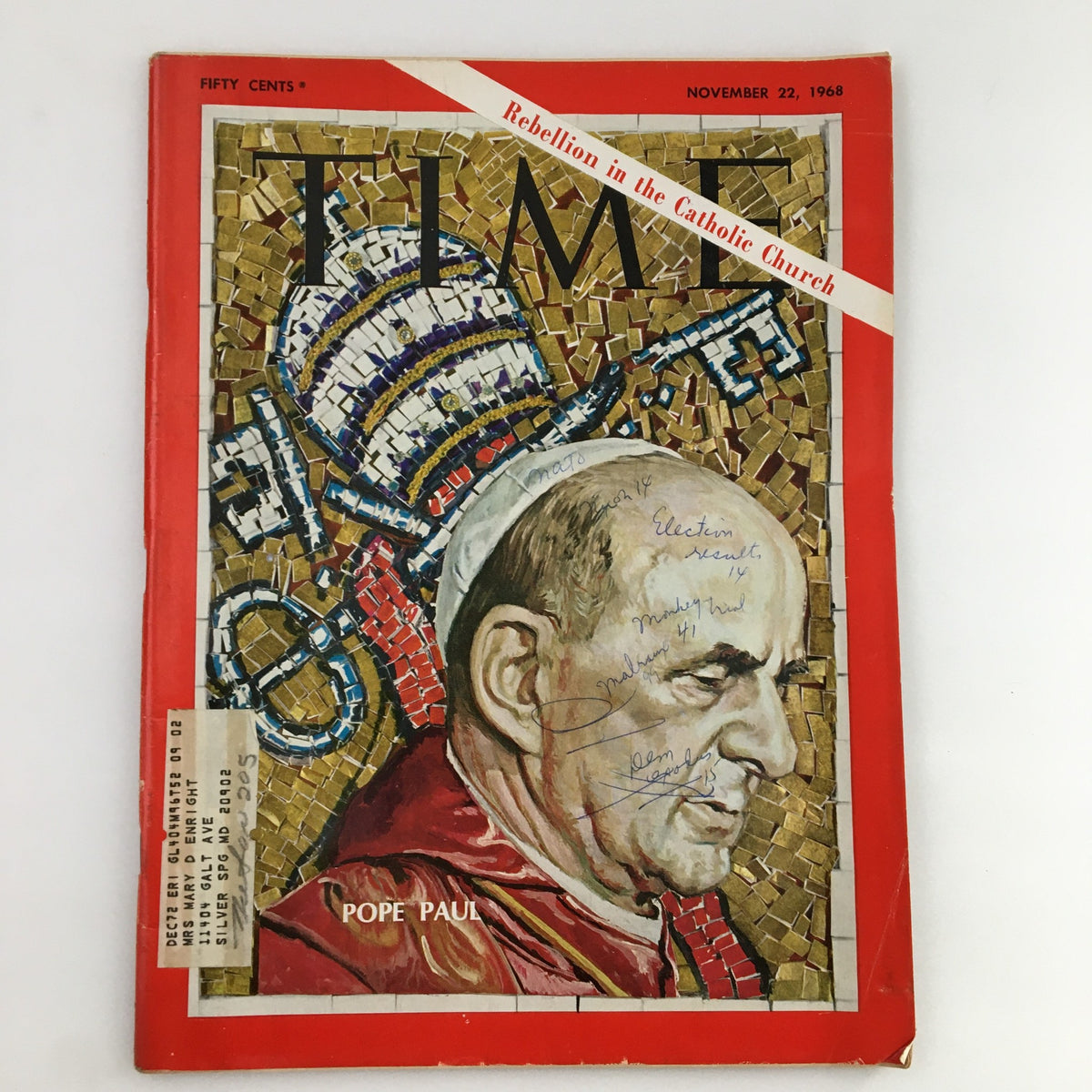 Time Magazine November 22 1968 cover featuring Pope Paul VI with the headline 'Rebellion in the Catholic Church', showcasing a detailed illustration of the Pope against a mosaic background.