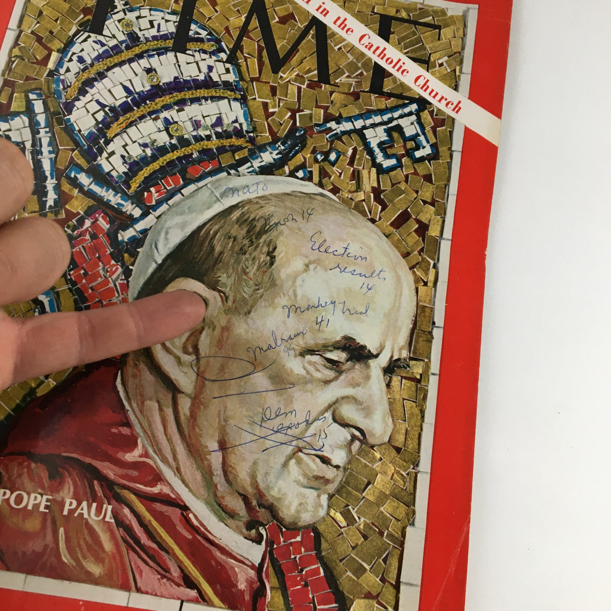 Time Magazine November 22 1968 close-up of the cover highlighting Pope Paul VI with handwritten notes, emphasizing the magazine's historical authenticity and significance in discussing church rebellion.