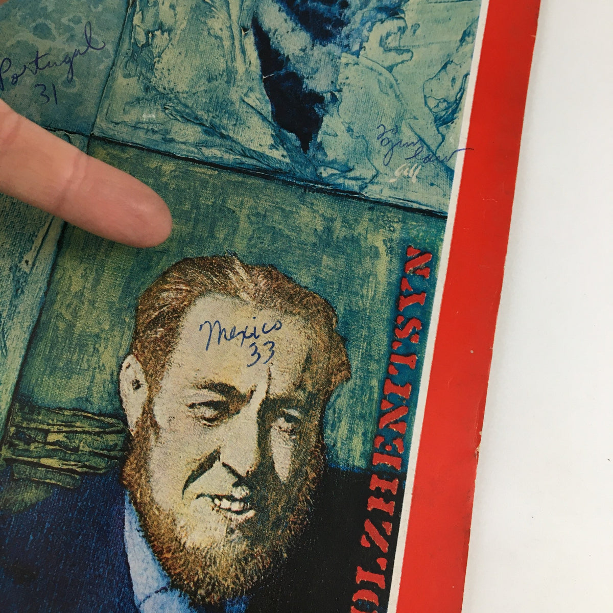 Detailed view of the Time Magazine September 27, 1968 cover focusing on a depicted character, Aleksandr Solzhenitsyn, along with annotations.