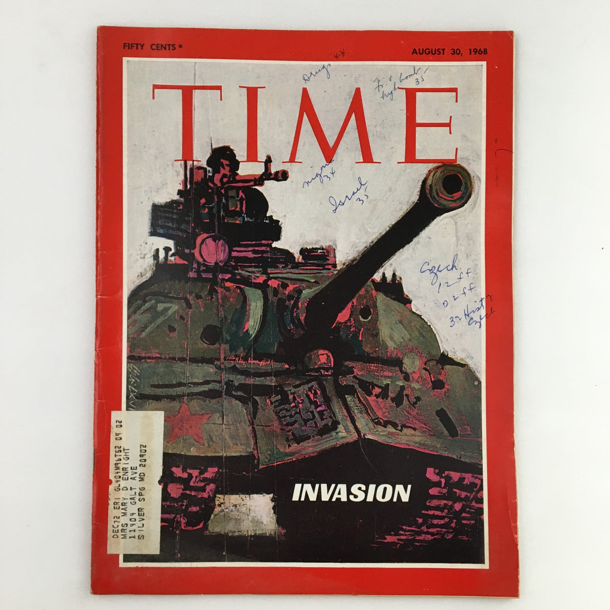Cover of Time Magazine from August 30, 1968, Volume 92, No. 9, titled 'The Russian Invasion.' Features a bold illustration of a tank with handwritten notes. Collectible historical magazine reflecting on the Cold War period.