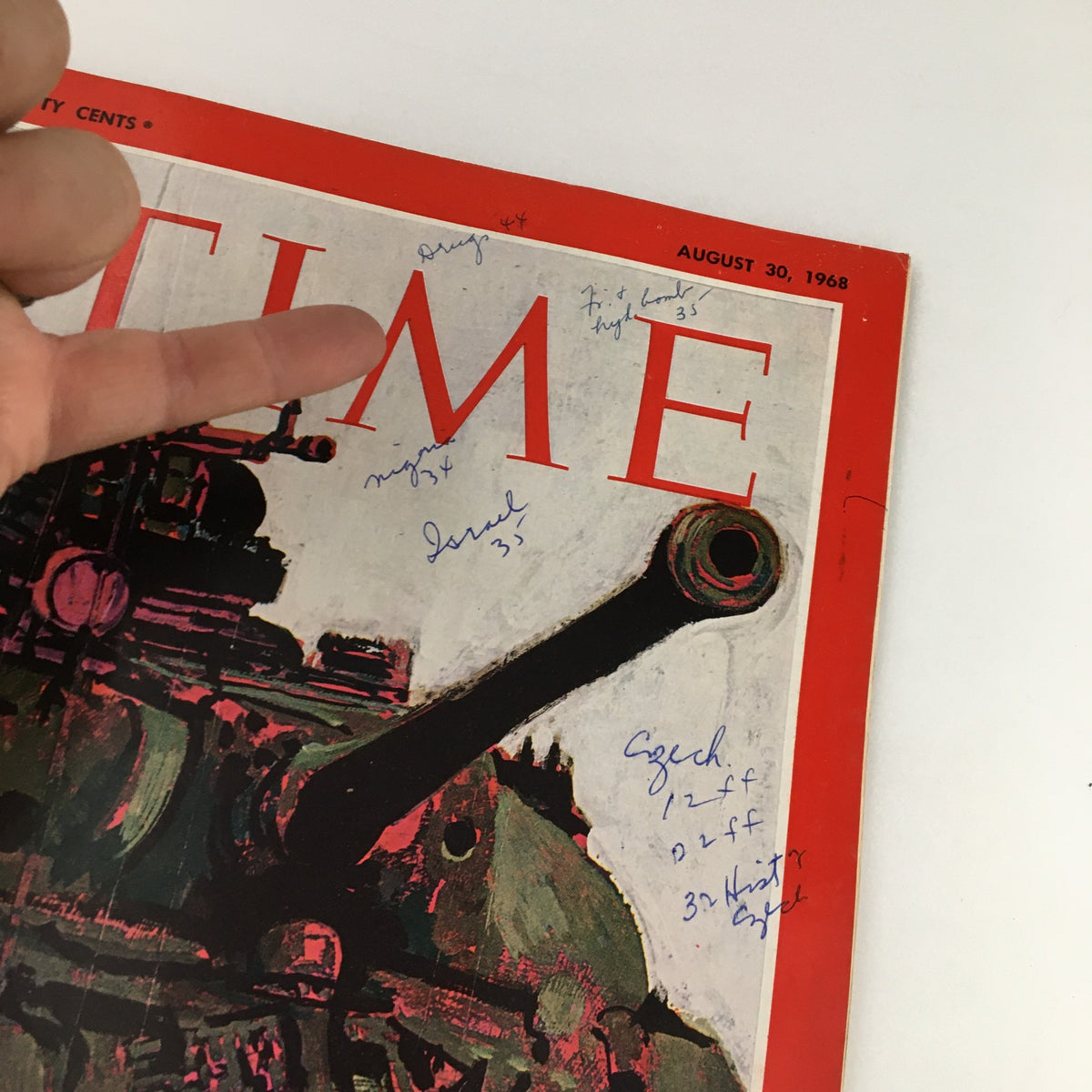 Close-up of the Time Magazine cover dated August 30, 1968, featuring handwritten notes and markings. The magazine highlights the Russian invasion in Czechoslovakia, showcasing pivotal moments from the Cold War.
