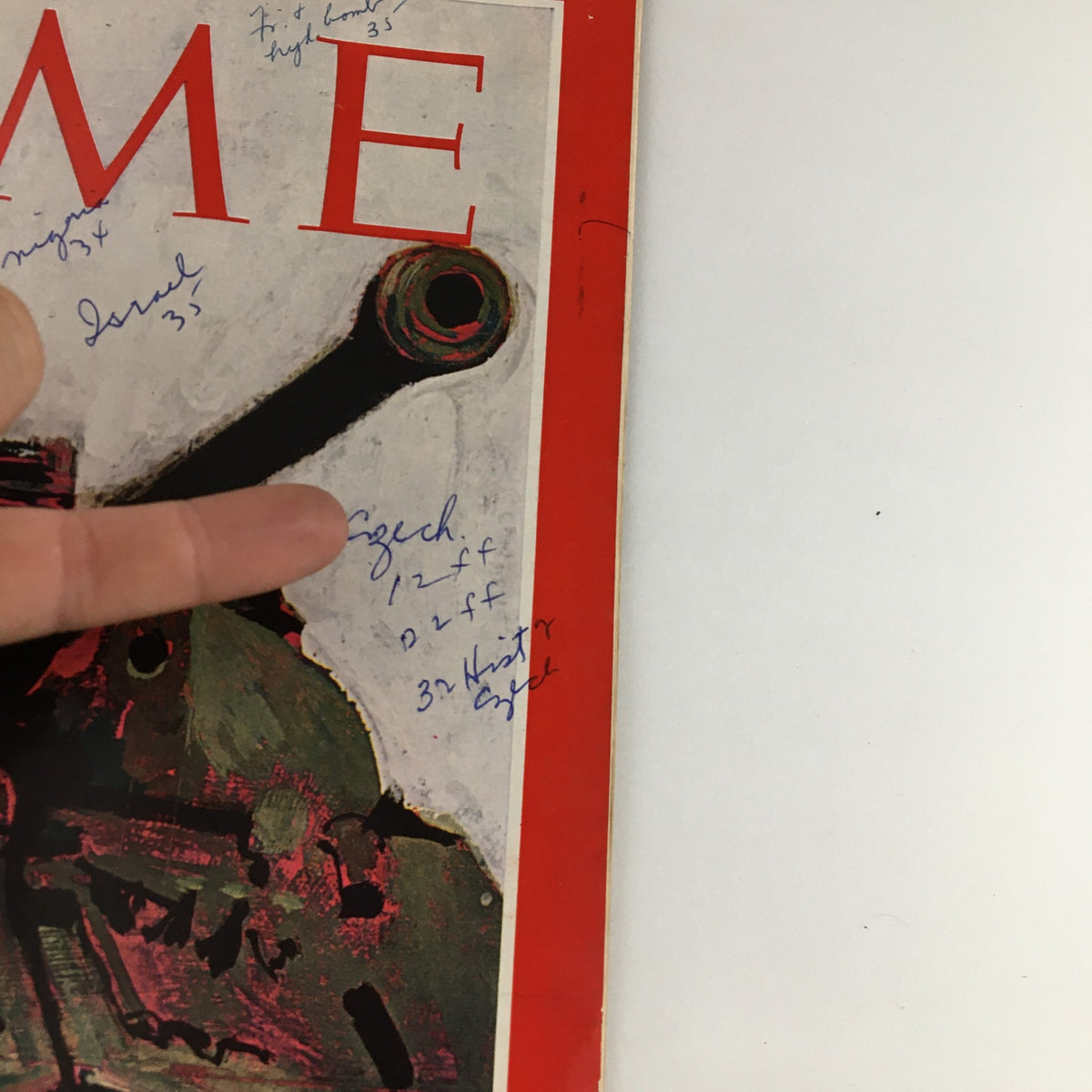 Detailed view of the Time Magazine cover from August 30, 1968, displaying handwritten annotations. This iconic issue covers the Russian invasion, a significant historical event during the Cold War.