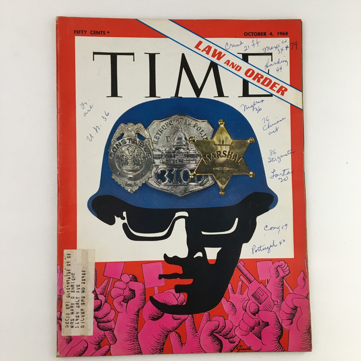 Time Magazine October 4 1968 Vol. 92 No. 14 cover featuring a police officer's silhouette, badges, and the title 'Law and Order'. A colorful and historical representation of law enforcement in the late 1960s.