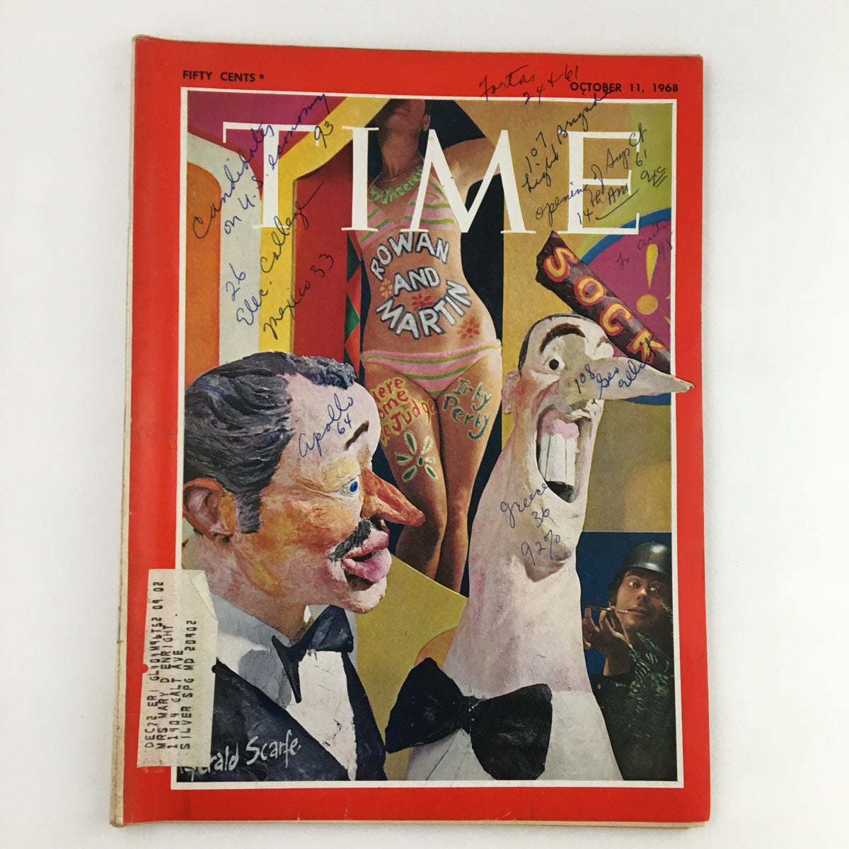 Time Magazine Cover from October 11, 1968 featuring comedians Dick Martin and Dan Rowan, showcasing vibrant illustrations and handwritten notes highlighting its vintage significance.